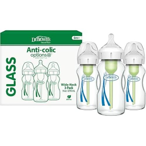 Dr. Brown's Natural Flow Anti-Colic Options+ Wide-Neck Glass Baby Bottles 9 oz/270 mL, with Level 1 Slow Flow Nipple, 3 Pack, 0m+