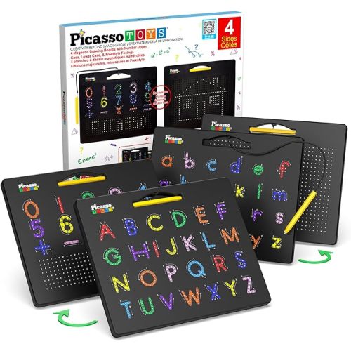 PicassoTiles 2PK 4-in-1 Magnetic Drawing Board 12x10 inch Large Magnet Tablet Pad with 4 Facings Lowercase & Uppercase Alphabets, Numbers, & Freestyle STEM Learning Writing Reading Playboard PTB06