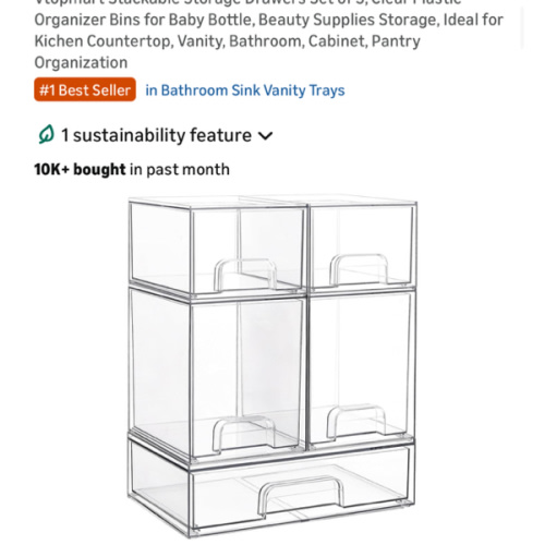 Vtopmart Stackable Storage Drawers Set of 5, Clear Plastic Organizer Bins for Baby Bottle, Beauty Supplies Storage, Ideal for Kichen Countertop, Vanity, Bathroom, Cabinet, Pantry Organization