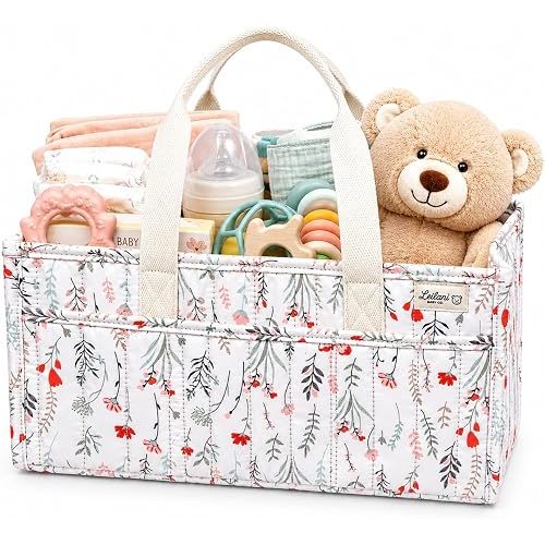 Diaper Caddy Organizer, Floral Design, Portable Nursery Basket with 3 Front Pockets and Zipper Pockets for Baby Essentials
