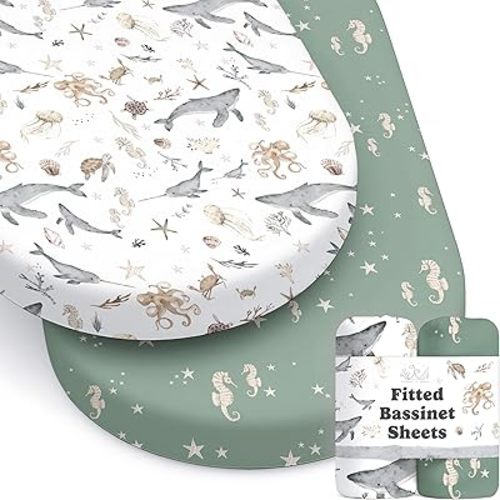 Baby Bassinet Sheets for Boy, Girl (Ocean Odyssey) 2-Pack - Fitted Bedside Bassinet Sheets - Buttery Soft Cotton Blend for Standard Mattress Pad - Compatible with Halo BassiNest