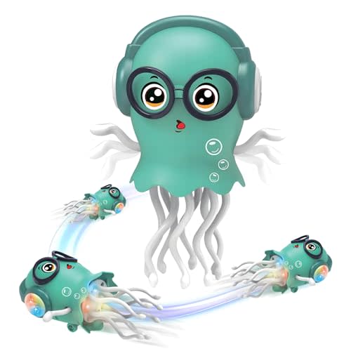 Magic Electric Dancing Jellyfish Toy with Led Light and Music,Playful Automatic Steer Crawling Dancing Baby Toy with Smart Tentacle Explorer,Octopus Toy,Tummy Time Toys(Green)