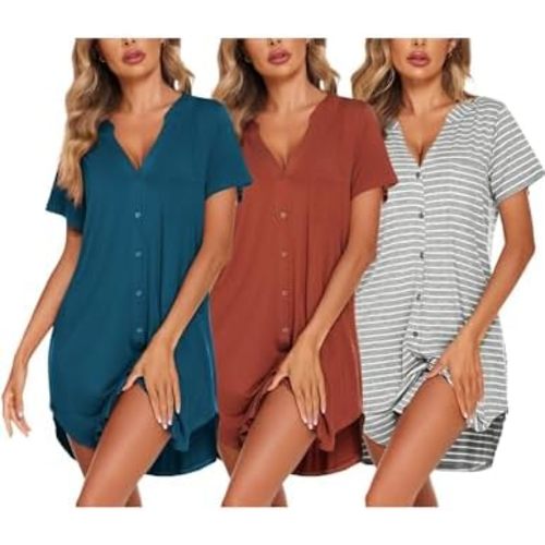 Ekouaer 3 Pack Nightgowns Women Button Down Sleep Shirts V Neck Night Shirts Night Gowns