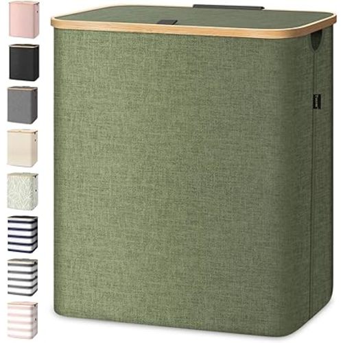 BALEINE Laundry Hamper with Lid, Tall Laundry Baskets with Bamboo Pull Handles, Large Laundry Bin with Internal Support (36 Gal/140L, Green)