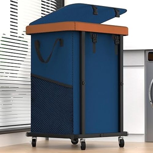150L (40 Gal) Large Fashion Laundry Basket with Wheels, Leather Patchwork Rolling Hamper Carts, Sturdy Metal Frame, Removable Washable Bag, Tall Clothes Sorter for Bedroom, Laundry Room - Navy Blue