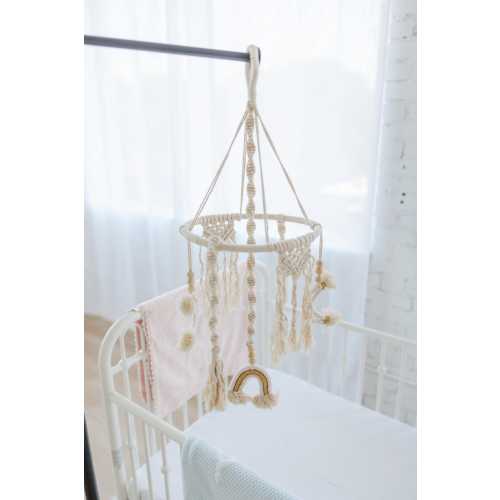 Macrame Baby Mobile Boho Nursery Decor Handmade Wooden Bead Crib Hanging Natural Cotton Bohemian Decoration Playroom Wall Infant Sensory Toy