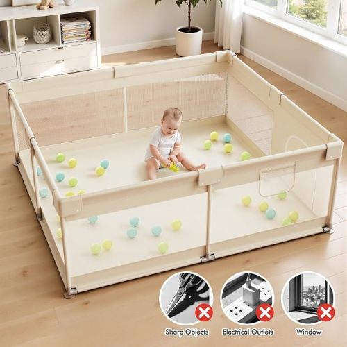 Uanlauo Beige Small Baby Playpen - 47x47in Playpen for Babies and Toddlers | Safe Indoor Play Pen, Baby Pen with Side Storage Bag and Breathable Mesh, Playard with 2 pull-up rings, Anti-slip Suction Cup