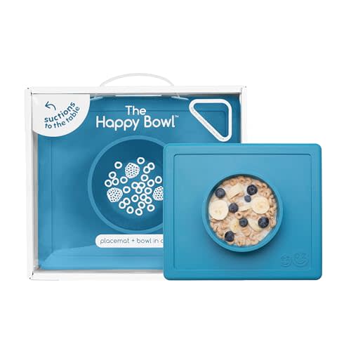 ezpz Happy Bowl - 24 Months + (Blue) - 100% Silicone Suction Bowl | 100% Silicone Suction Bowl with Built-in Placemat – Dishwasher Safe