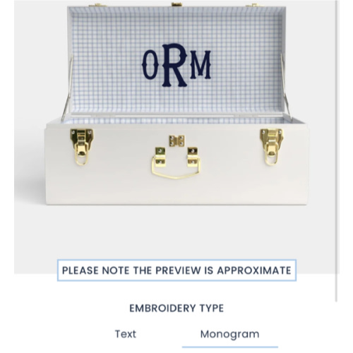 Grand Trunk | Grand Trunk/Color: White/interior color: Picnic in Blue/ Personalized: Monogram Font:Waterford/Monogram Color: Navy/ Monogram Initials: ORM