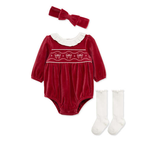Bows Velour Bubble & Headband Set w/ Socks (3M-12M)
