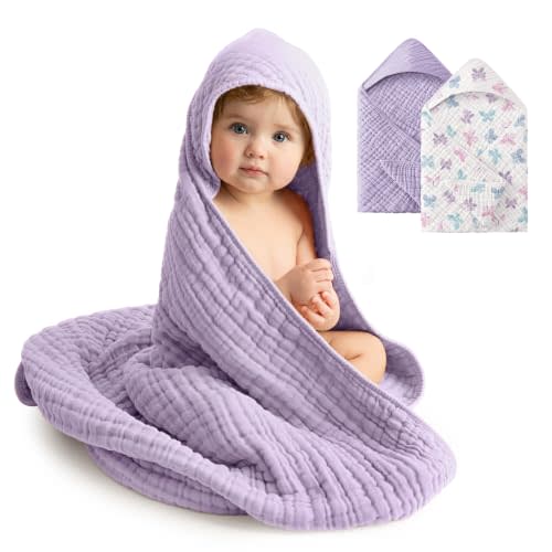 Baby Bath Towels, 100% Muslin Cotton Hooded Baby Towels for Newborn, 2 Pack Baby Towels with Hood for Infant Toddler and Kids, Large 32x32Inch Bath Essentials, Soft and Absorbent