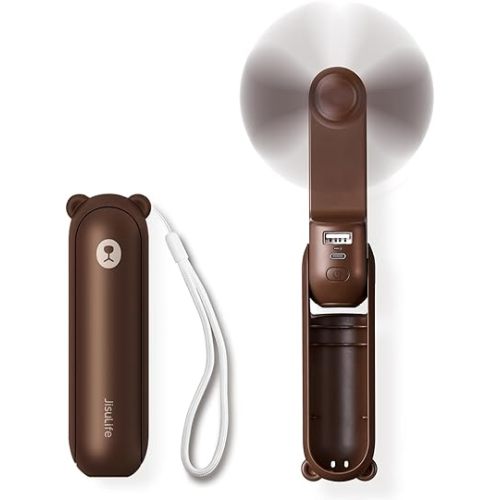 JISULIFE Handheld Mini Fan, 3 IN 1 USB Rechargeable Portable Fan [12-19 Working Hours] with Power Bank, Flashlight, Pocket Design for Travel/Summer/Concerts/Lash, Gifts for Women (Brown)