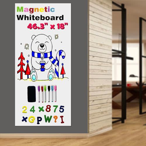LACQWO Magnetic Whiteboard Paper for Wall 46.3" x 18" Adhesive Magnetic Dry Erase White Board Sticker with 36 Magnet Letters 6 Markers for Kid Removable Peel and Stick Whiteboard Wallpaper Roll
