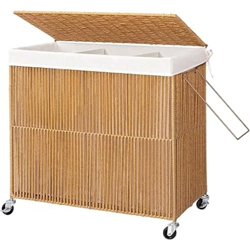 WOWLIVE Laundry Hamper with Wheels, 160L Handwoven Rolling Laundry Basket 3 Section with Lid, Clothes Hamper with Removable Liner Bags, Large Capacity Laundry Sorter Laundry Room Organization, Natural