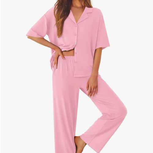 Ekouaer Women Pajamas Set Button Down Sleepwear Short Sleeve Pjs Soft Comfy Nightwear with Long Pants S-XXL
