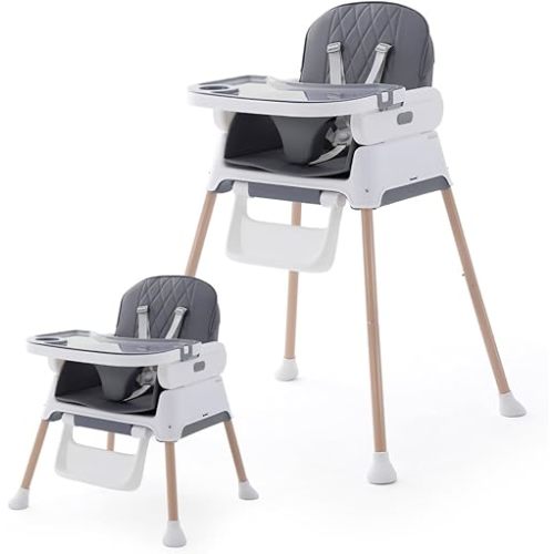 3 in 1 Baby High Chair,Adjustable Convertible Infant Baby Feeding Chair Booster for Eating with Detachable Double Tray,5 Point Harness,Deep Gray