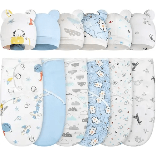 ramede 6 Pack Baby Swaddle Blanket with Hats Set for 0-3 Months Preemie Newborn Sacks Soft Cotton Wearable for Baby Boy and Girl (Blue,Bear)