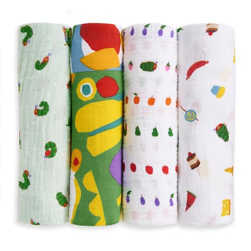 aden + anais Essentials Cotton Muslin Swaddle, Breathable Baby Blanket, Ideal for Newborns, Babies & Infants, Receiving Blanket, Soft and Lightweight Wrap, 4 Pack, Very Hungry Caterpillar