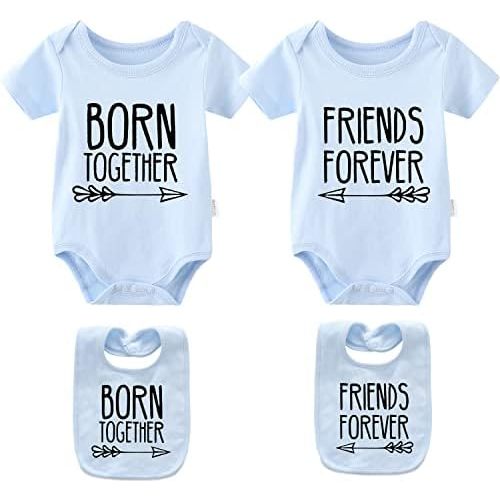 YSCULBUTOL Baby Twins Bodysuits Best Friends Forever Baby Clothes Set with Bibs Girl Outfit with hat
