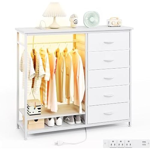 VERMESS 47" Tall 5 Fabric Drawers Dresser with Hanging Rack, Small Dresser for Bedroom, Storage Shelves with Charging Station & LED Lights, Chest of Drawers, Freestanding Closet Organizer, White