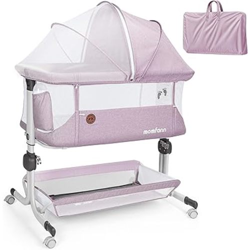 MOMFANN Moisés para dormir de noche, moisés para bebé con resistencia mejorada, malla transpirable visible de 360° para recién nacido, ajuste de 6 alturas, cesta de almacenamiento, cuna de noche fácil plegable (morado rosado)