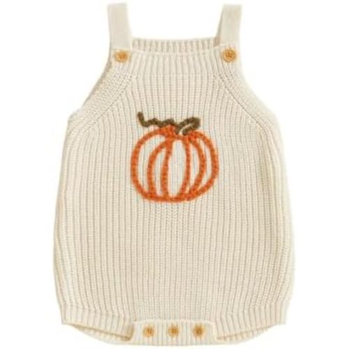 Newborn Baby Girl Halloween Outfit Knit Sweater Pumpkin Embroidery Romper Overalls Sleeveless Jumpsuit Cute Clothes