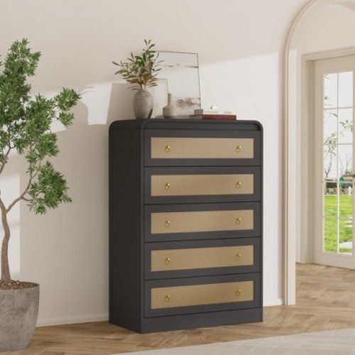 5 Drawer Dresser for Bedroom,31''Tall Rattan Dresser,Wooden Dresser for Closet,Modern Dressers for Bedroom,Living Room,Hallway