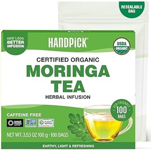 HANDPICK, Organic Moringa Tea Bags (100 Count), Pure Moringa Leaves | Authentic Indian Origin | Caffeine Free, Non GMO | Round Eco-conscious Teabags