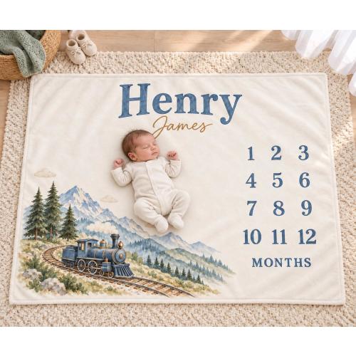 Personalized Baby Boy Milestone Blanket, Monthly Vintage Train Blanket, Custom Name Mountain Nursery Newborn Baby Shower Gift