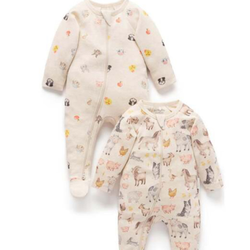 Printed Zip Footie 2 Pack Farm Animals Print - Purebaby Rompers | Maisonette