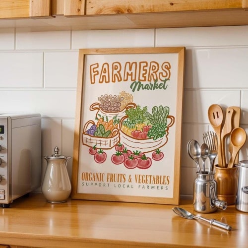 Farmers Market Art Print - Hand-Drawn Fruit & Veggie Poster Vintage Edition