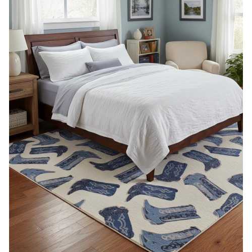 Handmade Knotted Cowboy Western Boot Pattern Wool Area Rug