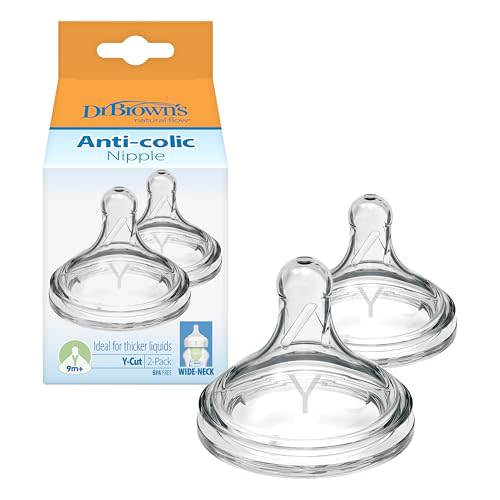 Dr. Brown’s Natural Flow Y-Cut Wide-Neck Baby Bottle Nipple, Ideal for Thicker Liquids, 100% Silicone, 2 Count (Pack of 1), 9m+