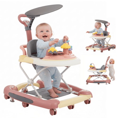 MINGYI 5-in-1 Baby Walker, Foldable, Height Adjustable, Quiet Wheels, Easy Clean, Pink, Suitable for Girls Babies