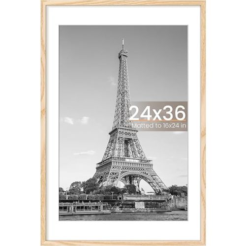 upsimples 24x36 Poster Frame, Display Pictures 20x30 with Mat or 24x36 Without Mat, Wall Hanging Picture Frame, Natural, 1 Pack