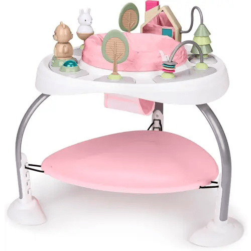 Ingenuity Spring & Sprout 2-in-1 Baby Activity Center Jumper and Table with Infant Toys - Ages 6 Months +, First Forest in Pink