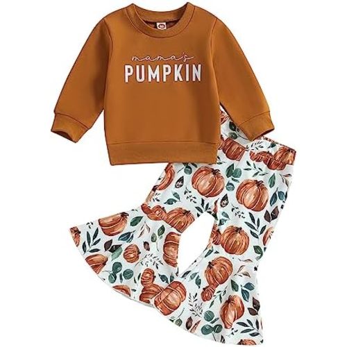 Hnyenmcko Baby Girl Halloween Clothes Set Long Sleeve Letter Tops Pumpkin Bell-Bottoms Pants with Headband 3Pcs Fall Outfits