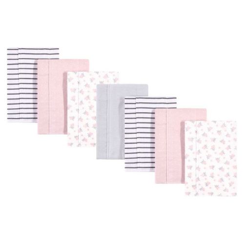Hudson Baby Infant Girls Cotton Flannel Burp Cloths 7pk Set, Gray Pink Floral, One Size