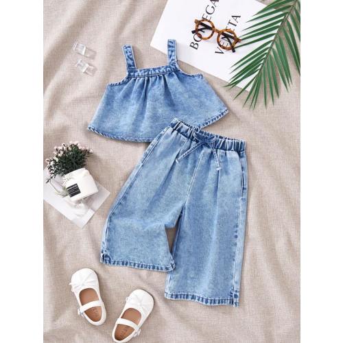 SHEIN 2pcs Baby Girls Denim Suspender Top & Elastic Waist Pants Set 6-9months