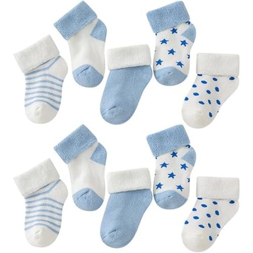 5 Pairs Unisex Baby Terry Cloth Socks - Newborn Winter Infant Soft Warm Ankle Socks - Blue