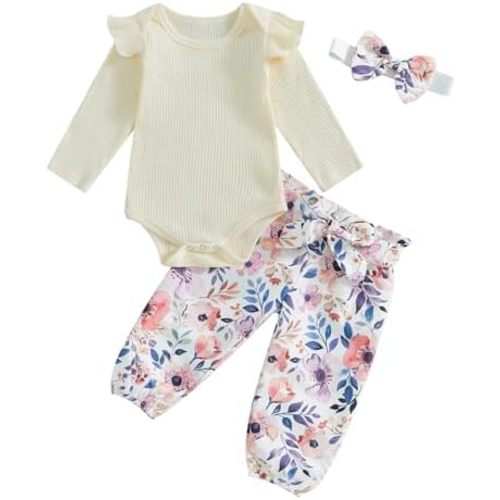 fhutpw Baby Girl Clothes 3 6 9 12 Months Outfits Long Sleeve Knitted Romper & Daisy Pants Fall Winter 3Pcs Clothes Sets