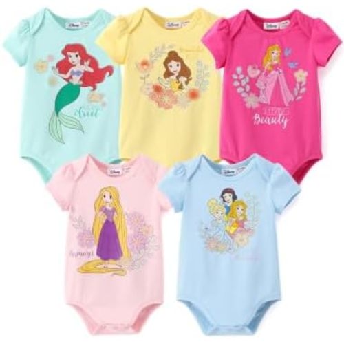Disney Marvrl Princess Stitch Minnie Baby Girls Clothes, 5 Pack Short-Sleeve Bodysuits, Newborn to Infant Outfit, 0-18 Months