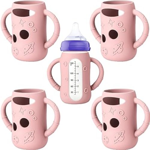 4 Pcs Silicone Pink Sleeves for Lansinoh Anti-Colic Glass Baby Bottles, Drop Protection Silicone Covers Compatible with 5 Ounces Lansinoh Glass Bottles, BPA-Free (Cute Pink, 5 oz)