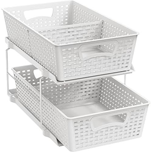 Simple Houseware 2 Tier Bathroom Organizer Tray Pull-Out Sliding Drawer, Under Sink Storage, White