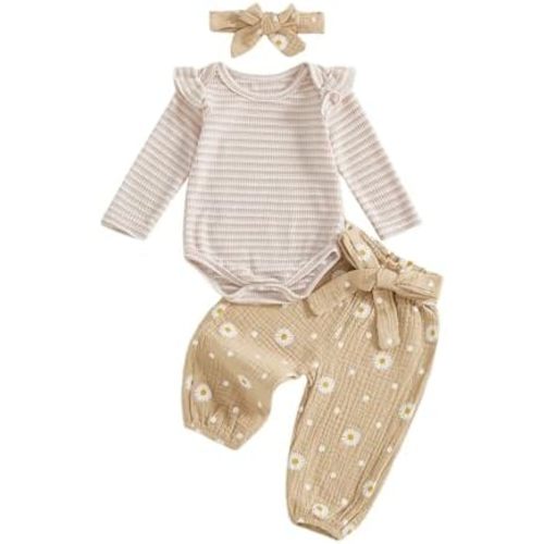 Kaipiclos Newborn Infant Girl Clothes Rib Knit Romper Daisy Print Pants Headband Baby Clothes for Girls 0 3 6 12 18 24 Months
