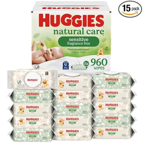 Huggies Natural Care Sensitive Baby Wipes, Unscented, Hypoallergenic, 99% Purified Water, 15 Flip-Top Packs (960 Wipes Total)
