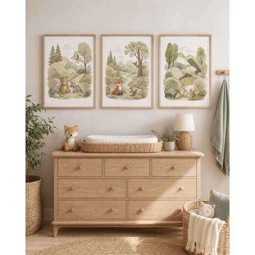 Woodland Animal Nursery Wall Art Set of 3, Neutral Forest Animal Prints, Sage Green Baby Room Decor, Bear Fox Bunny Nursery Prints