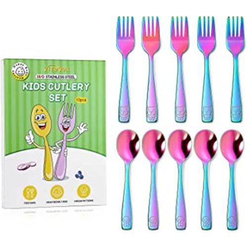 VITEVER 10 Pack Toddler Utensils, Stainless Steel Rainbow Silverware Set for Kids, Children Safe Cutlery Set Includes Forks and Spoons - Dishwasher Safe