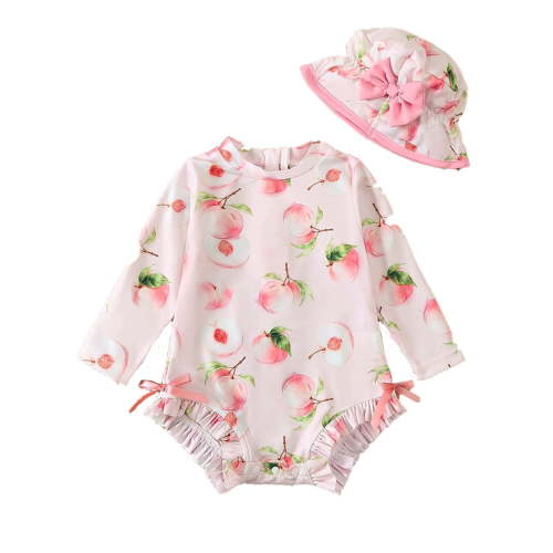 Girls Long Sleeve One Piece Swimsuit Fruit Strawberry Watermelon Printed Bathing Suit UPF 50+ Sun Protection Swimwear Rash Guard Set with Sun Hat 12M-6Y