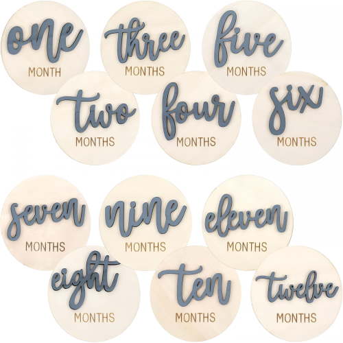 XIBUFE 6 Pcs Baby Monthly Milestone Cards,Double Sided Wooden 3D Milestone Cards Signs for Photos Announcement Sign 1-12 Months Photography Photo Newborn Keepsake Gift(Blue)